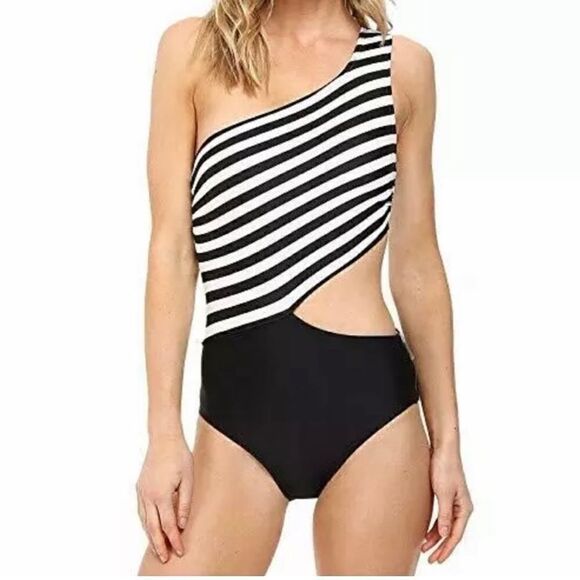 Michael Michael Kors One Shoulder Stripe Cutout One-Piece Swimsuit - Picture 3 of 11